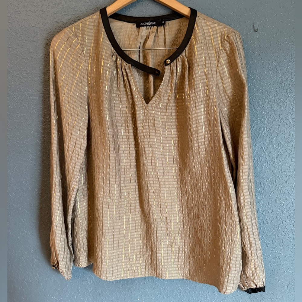 Elegant Gold Metallic Long Sleeve Top w Leather Trim